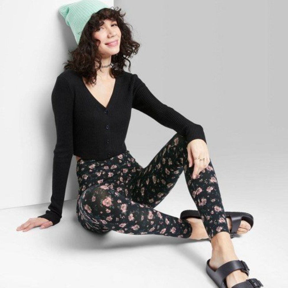Women's High-Waisted Classic Leggings - Wild Fable Black Floral Various Sizes